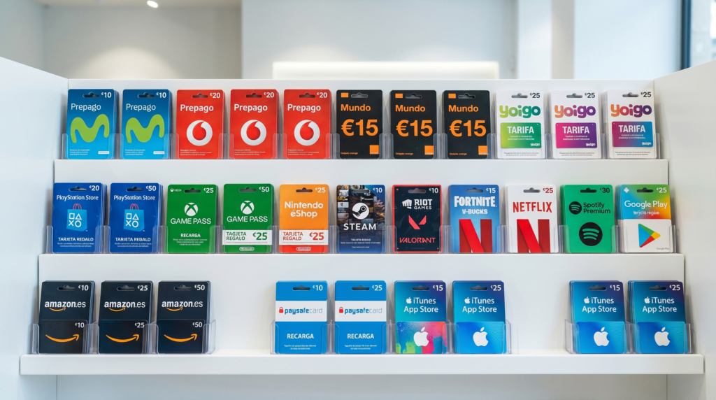 Expositor en Librería Sierra Oeste con tarjetas de recargas y pines digitales: Movistar, Vodafone, Orange, Yoigo, PlayStation, Xbox Game Pass, Nintendo eShop, Steam, Valorant, Fortnite, Netflix, Spotify, Google Play, Amazon y iTunes. Disponible en Villa del Prado a través de Disashop.